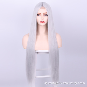 Machine Made Gray Long Straight Soft Silky U Part High Quality Swiss Lace Frontal Afro Cheap Synthetic Wigs